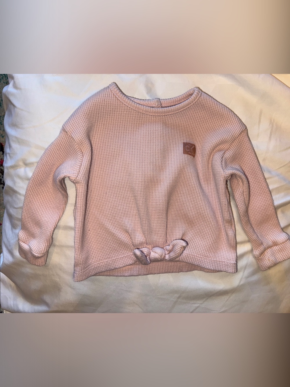 Calvin Klein Pale Pink Waffle-Knit Crewneck with Front Knot